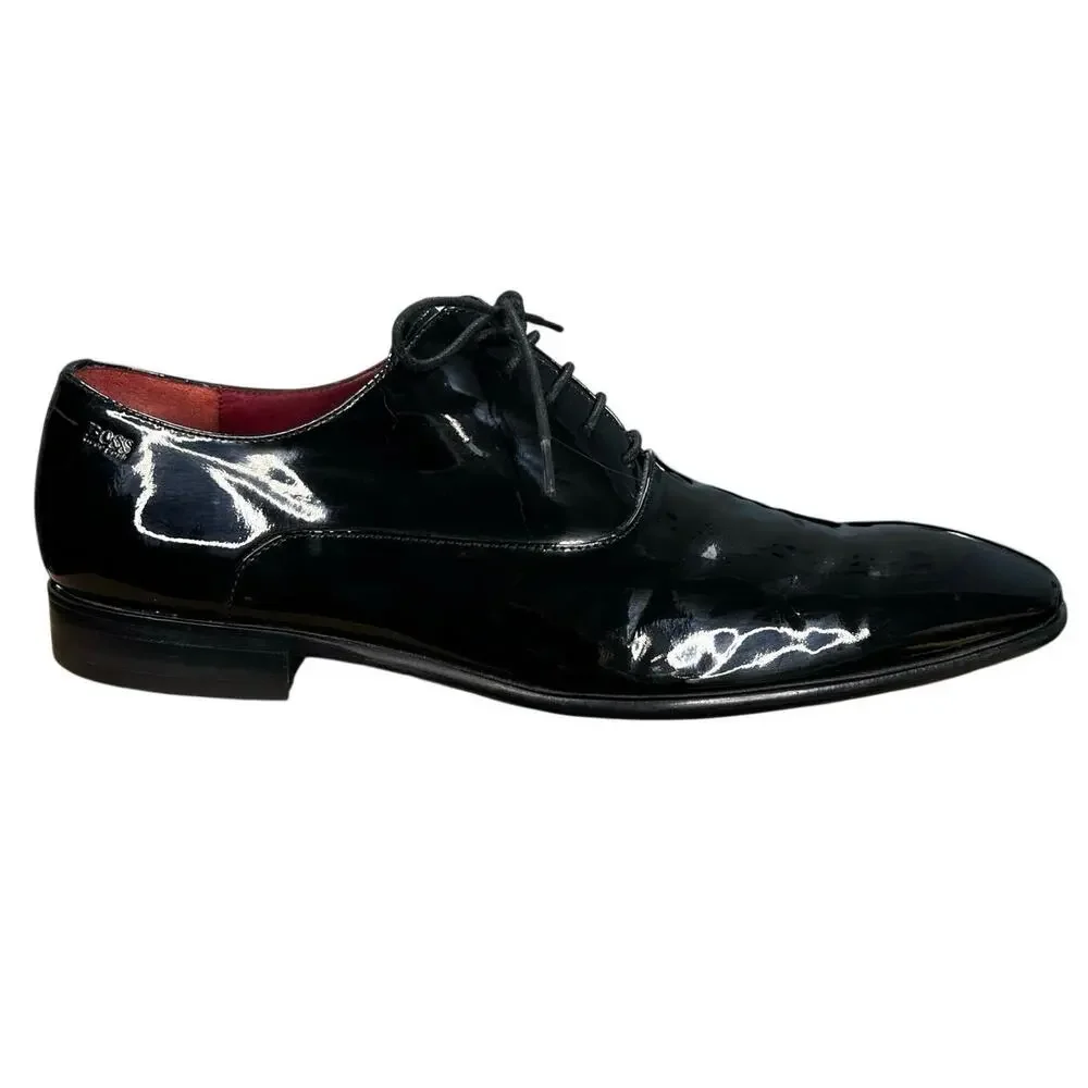 Hugo Boss Men’s Highline Black Patent Leather Plain Toe Oxfords Size US 10